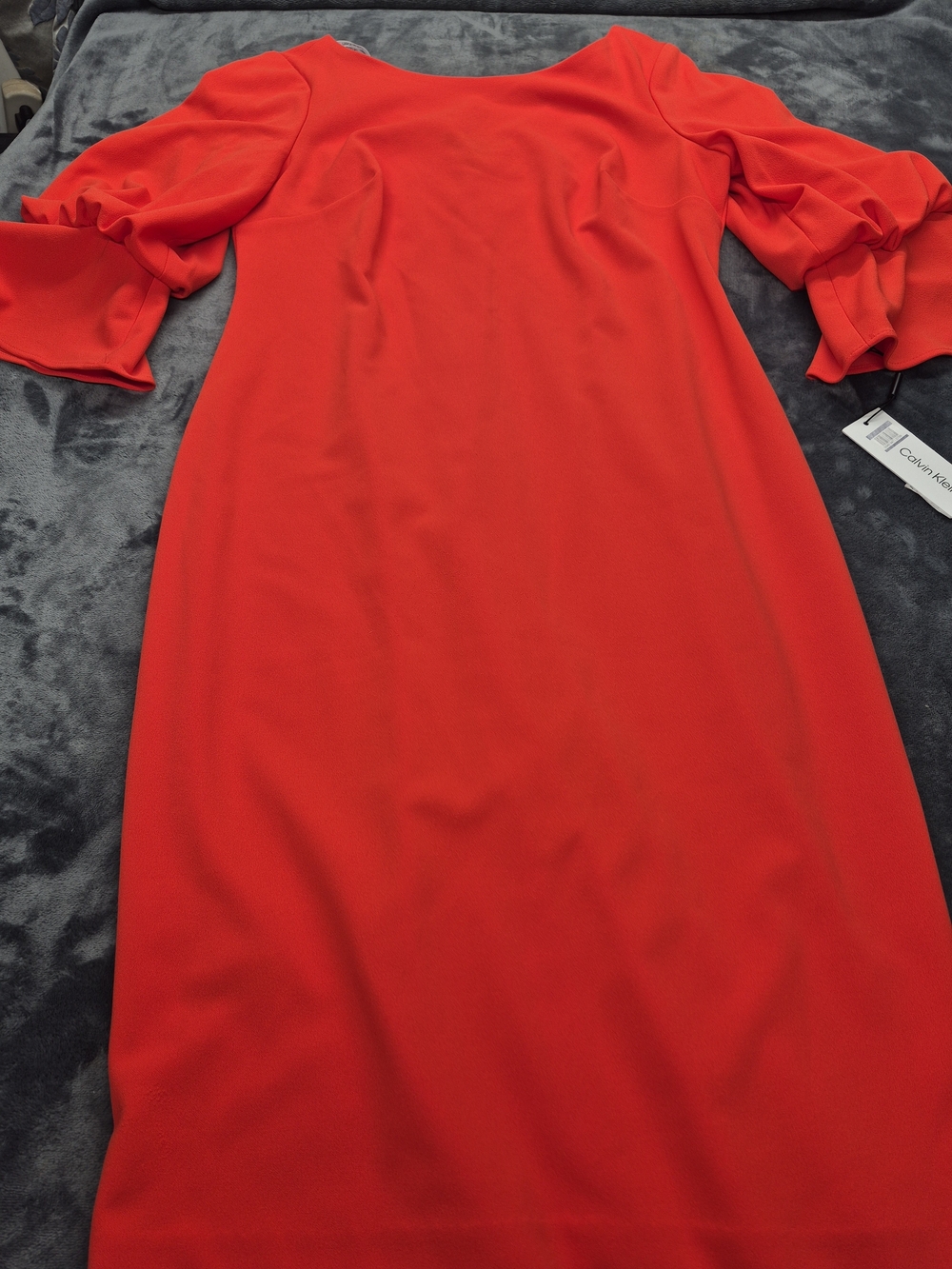 Calvin Klein Bell Sleeve Crepe Sheath Dress Vivrant Orange Size 12 Midi New
